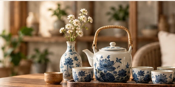 Phối cảnh minh họa bộ trà hoa lam trên bàn gỗ