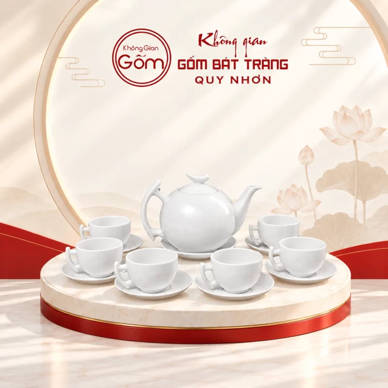 Bộ ấm chén trắng bưởi cành 02 in logo