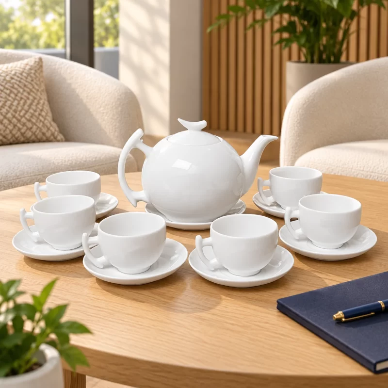 Bộ ấm chén trắng bưởi cành 02 in logo trên bàn tiếp khách văn phòng minh họa