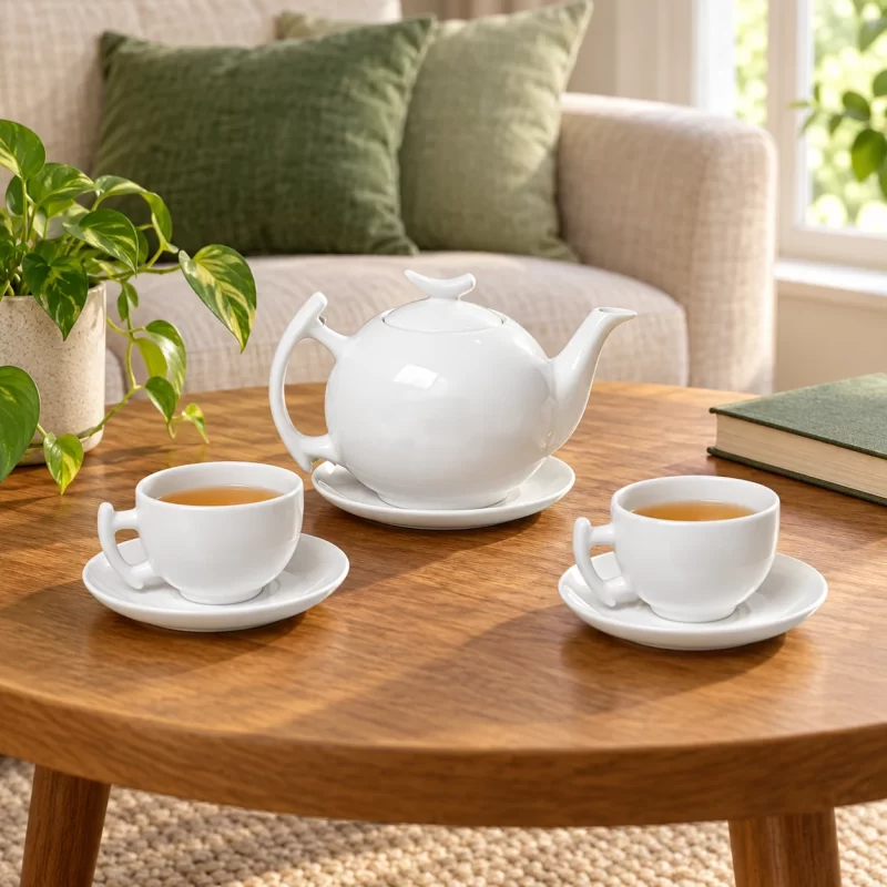 Bộ ấm chén trắng bưởi cành 02 in logo tại góc trà gia đình minh họa