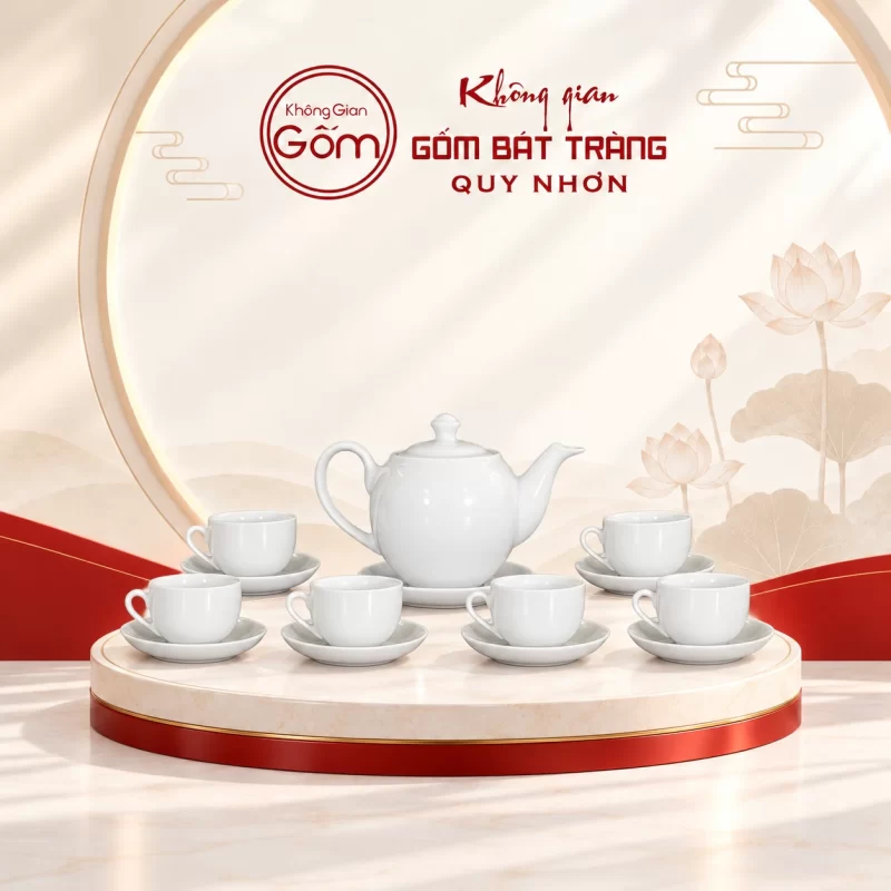 Bộ ấm chén trắng dáng bầu 01 in logo