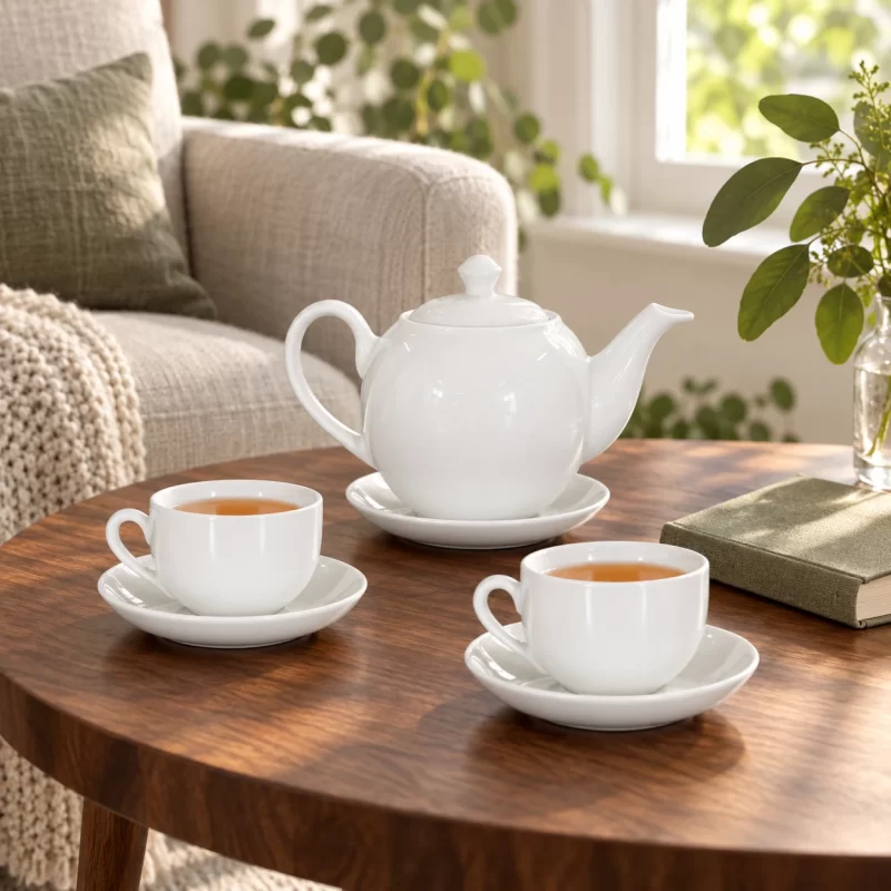Bộ ấm chén trắng dáng bầu 01 in logo tại góc trà gia đình minh họa