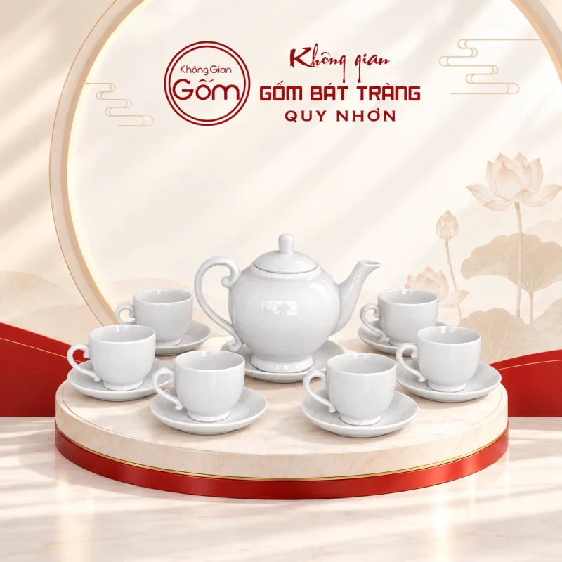 Bộ ấm chén trắng dáng tròn chân cao in logo