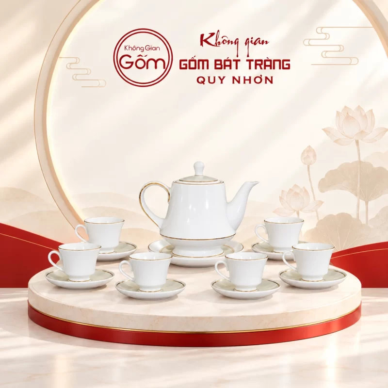 Bộ ấm chén trắng hoàng gia 01 in logo