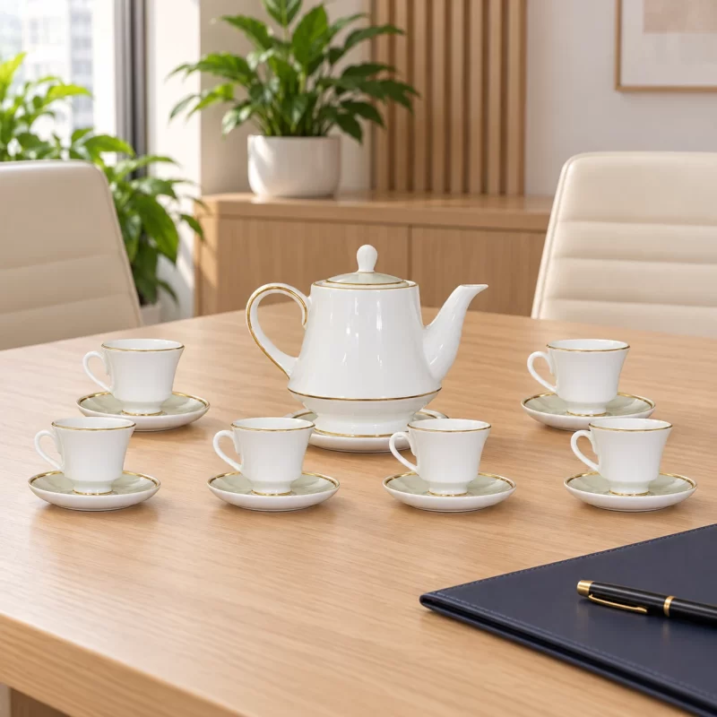 Bộ ấm chén trắng hoàng gia 01 in logo trên bàn tiếp khách văn phòng minh họa
