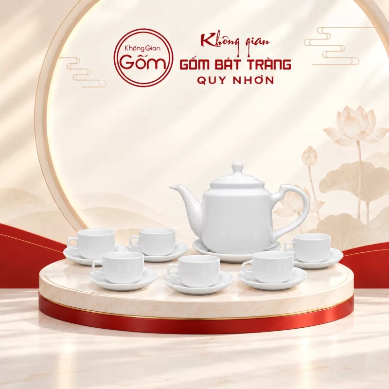 Bộ ấm chén trắng vuông thẳng 02 in logo