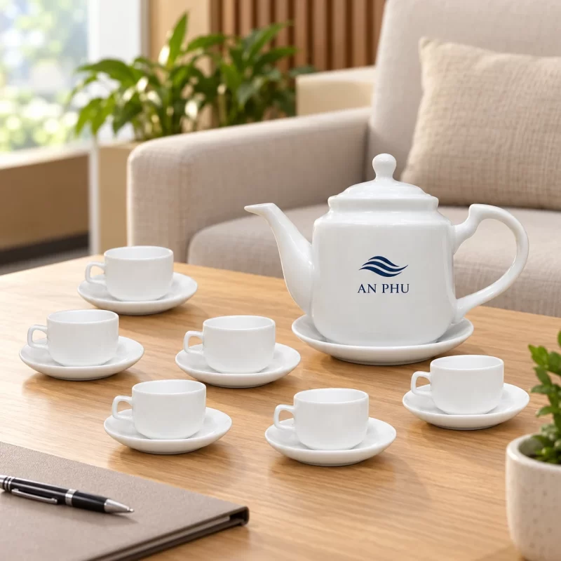 Bộ ấm chén trắng vuông thẳng 02 in logo trên bàn tiếp khách văn phòng minh họa