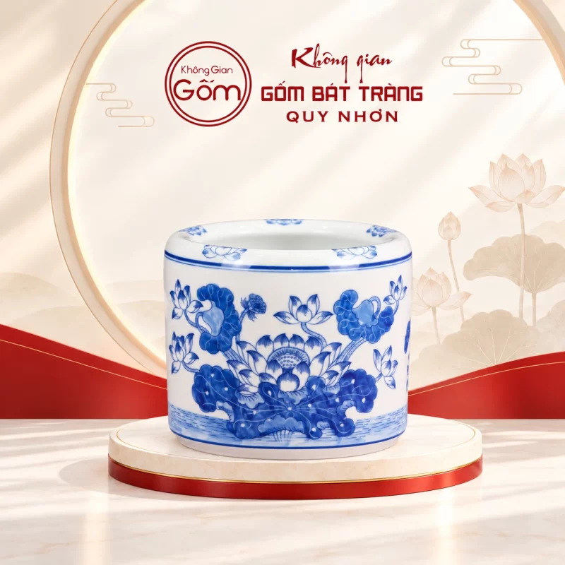 Bát hương trắng họa tiết sen xanh