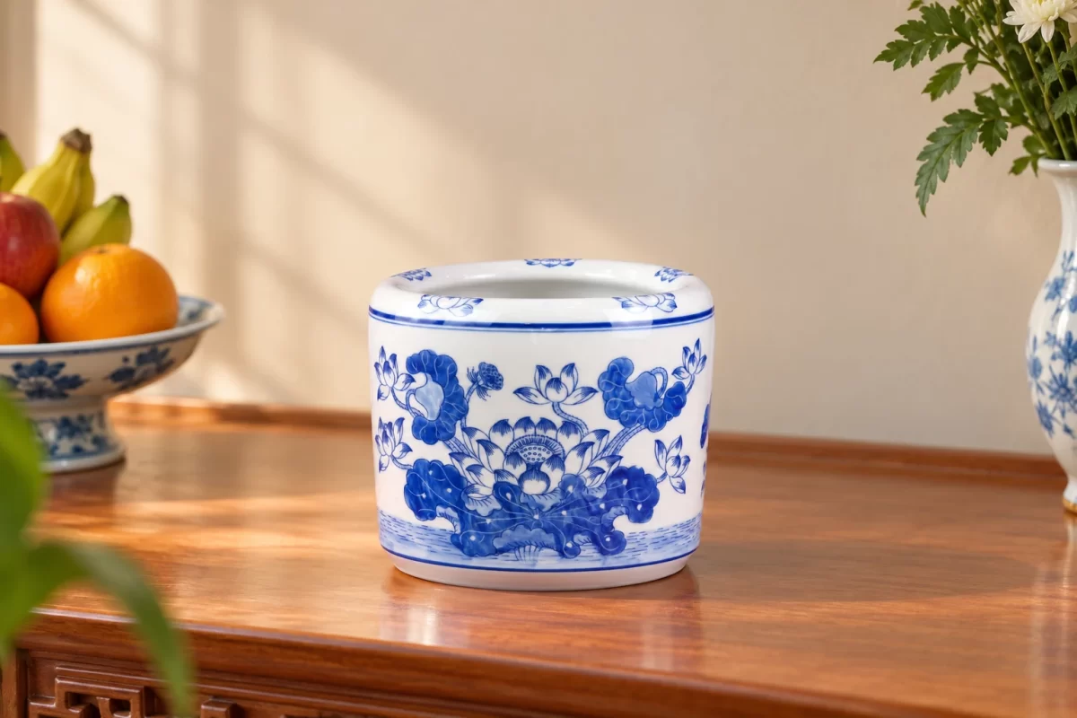 Phối cảnh minh họa bát hương sen xanh trong góc thờ gia đình; bối cảnh và đạo cụ minh họa.