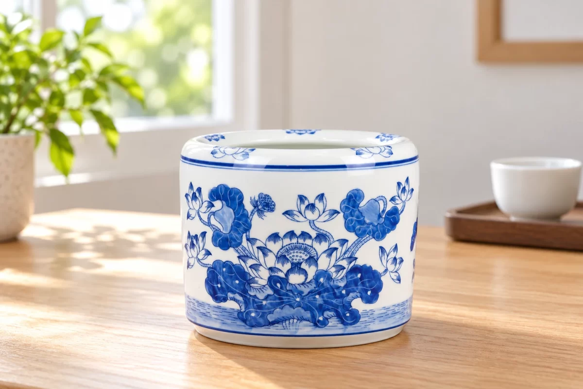 Phối cảnh minh họa so màu bát hương sen xanh trên bàn trong nhà; đồ bên cạnh là đạo cụ minh họa.