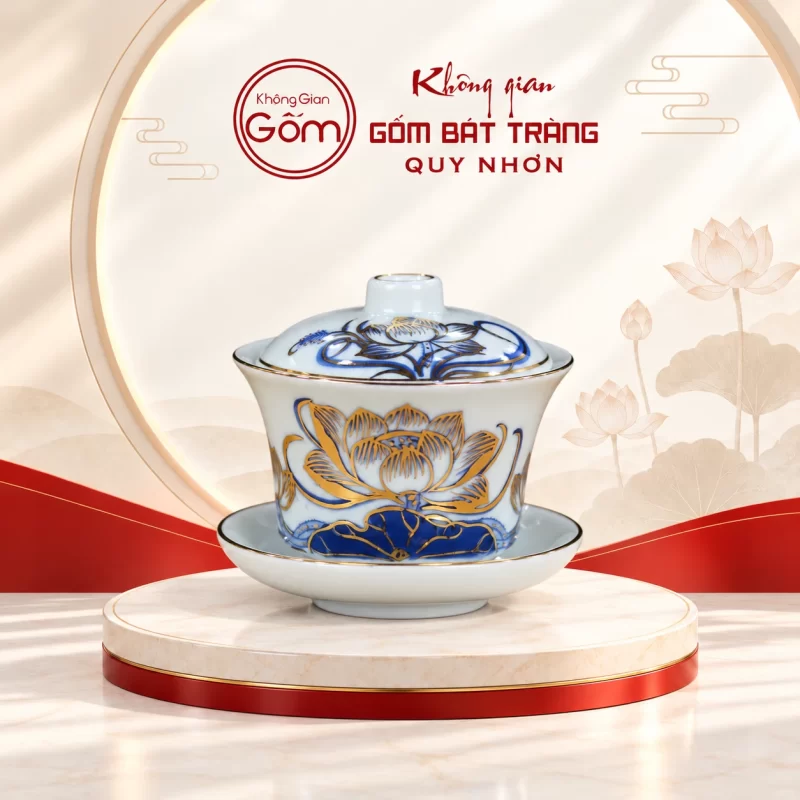 Bát sâm thờ men lam vẽ vàng hoa sen
