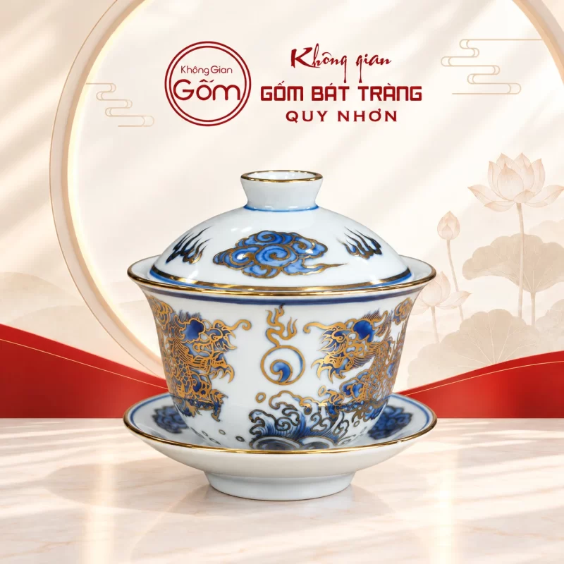 Bát sâm thờ men lam vẽ vàng rồng dáng loe