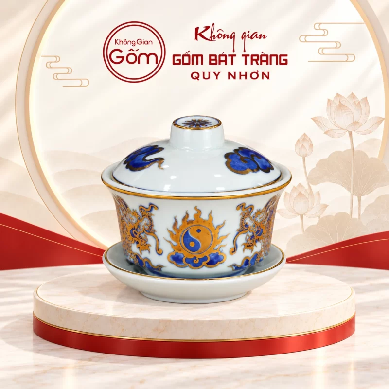 Bát sâm thờ men lam vẽ vàng rồng dáng trụ
