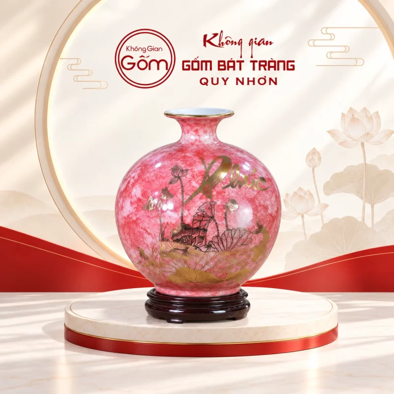 Bình hút lộc hồng loang hoa sen