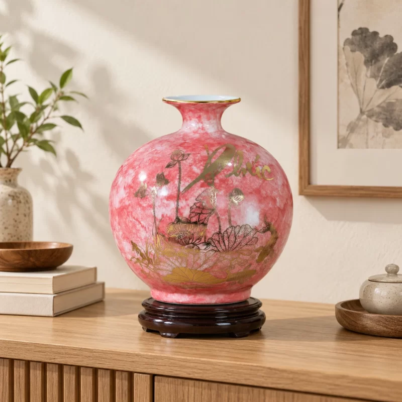 Phối cảnh minh họa bình hút lộc hồng loang hoa sen trên bàn trang trí; đế và đạo cụ cần hỏi riêng.