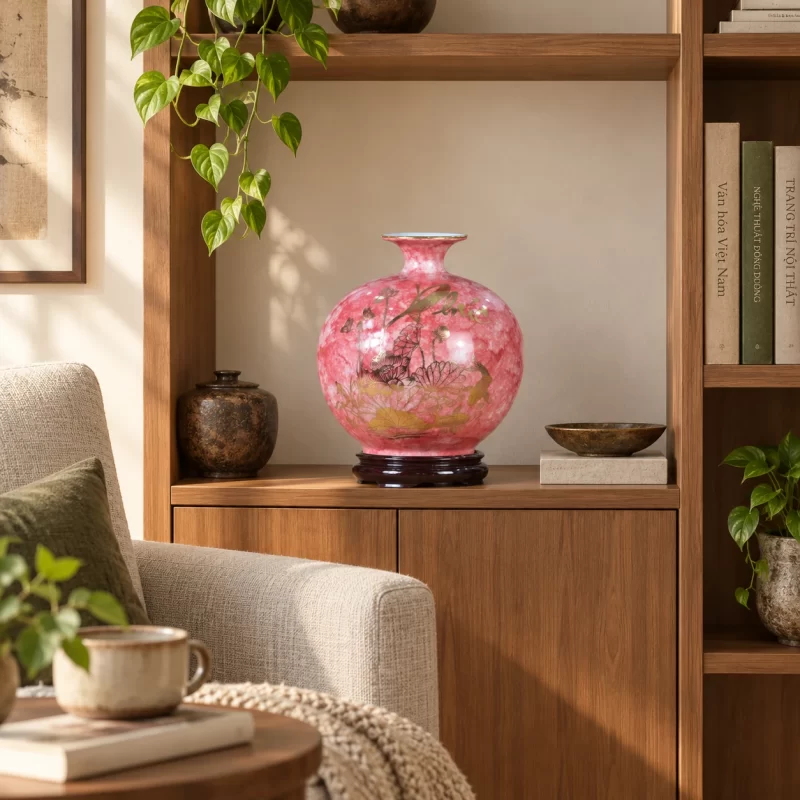 Phối cảnh minh họa cách phối bình hút lộc hồng loang hoa sen trên kệ trong góc sinh hoạt; bối cảnh và đạo cụ minh họa.