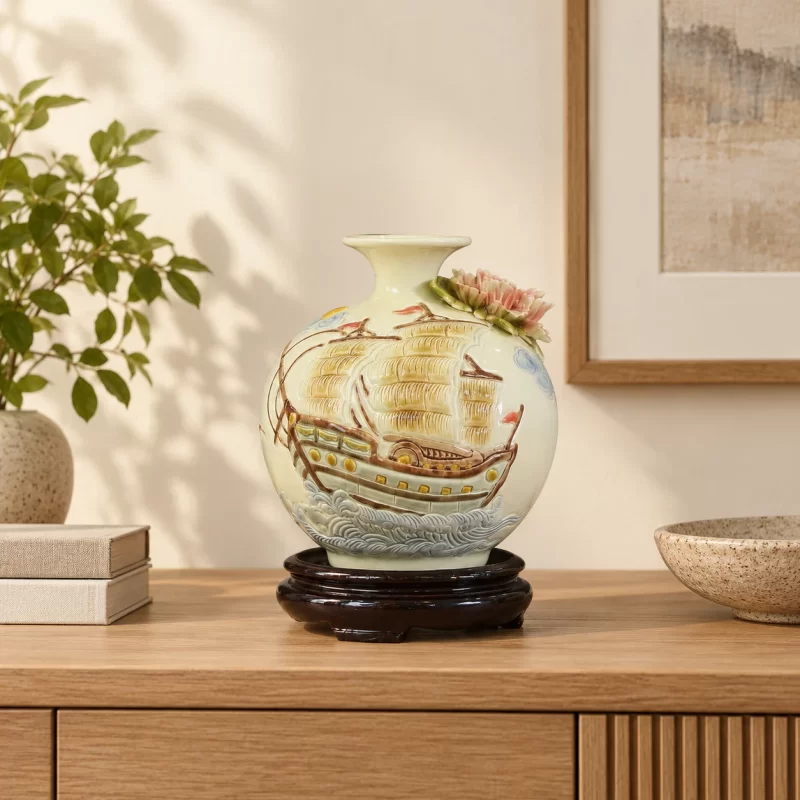 Phối cảnh minh họa bình hút lộc nền ngà thuyền buồm nổi trên bàn trang trí; đế và đạo cụ cần hỏi riêng.
