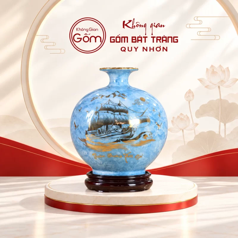 Bình hút lộc xanh dương loang thuyền buồm