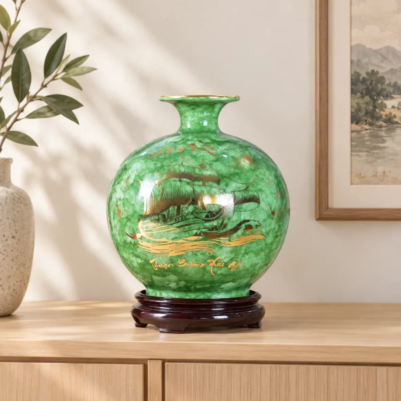 Phối cảnh minh họa bình hút lộc xanh loang thuyền buồm trên bàn trang trí; đế và đạo cụ cần hỏi riêng.