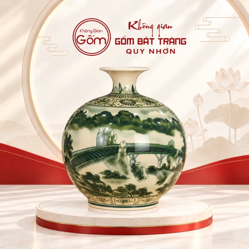 Bình tỏi xanh họa tiết sơn thủy