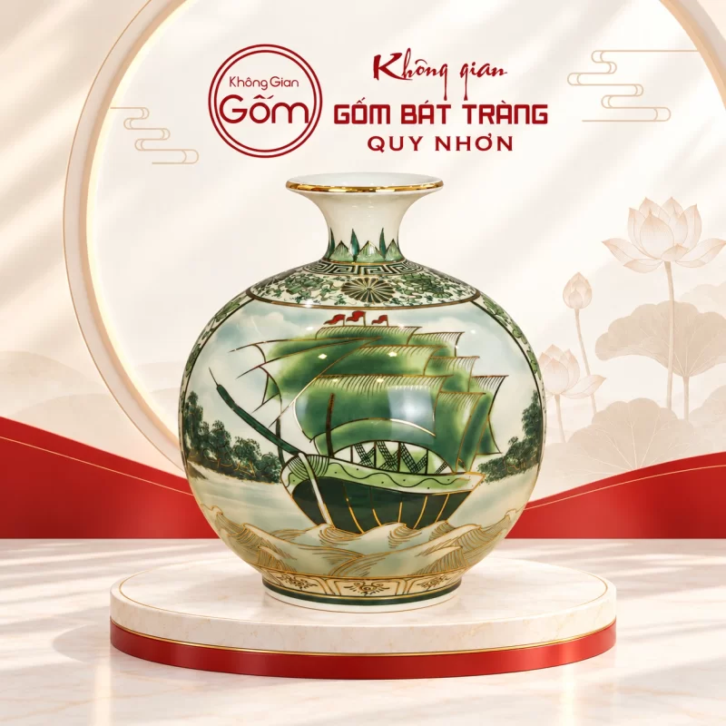 Bình tỏi xanh họa tiết thuyền buồm
