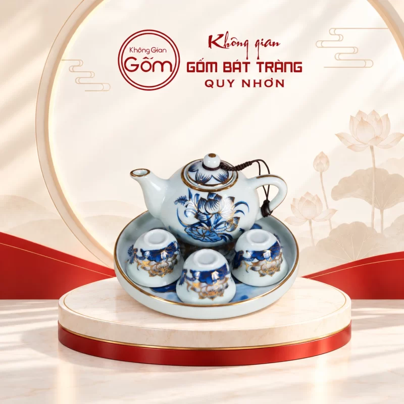 Bộ ấm 3 chén thờ men lam vẽ vàng hoa sen
