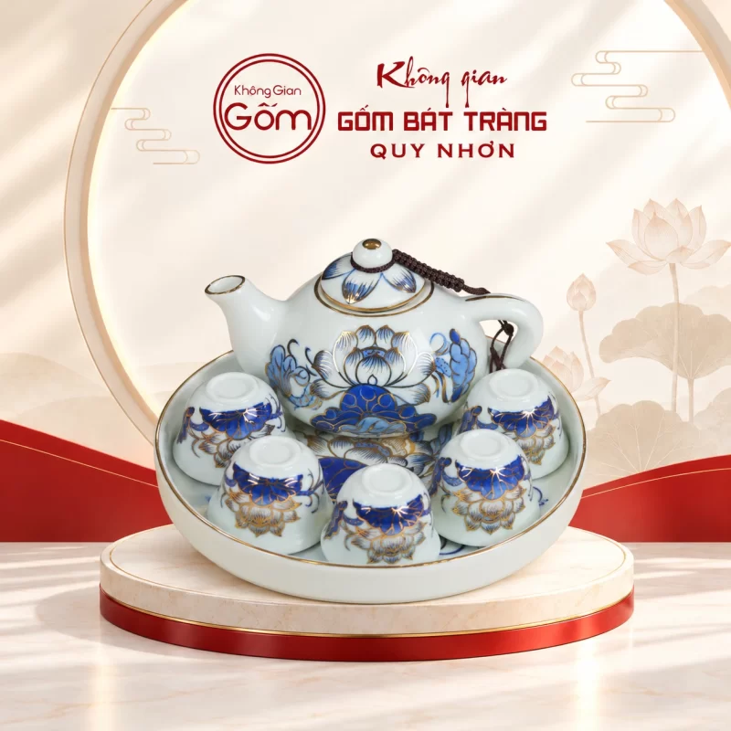 Bộ ấm 5 chén thờ men lam vẽ vàng hoa sen