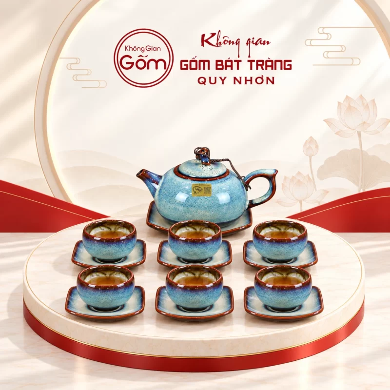Bộ ấm chén xanh dáng bầu