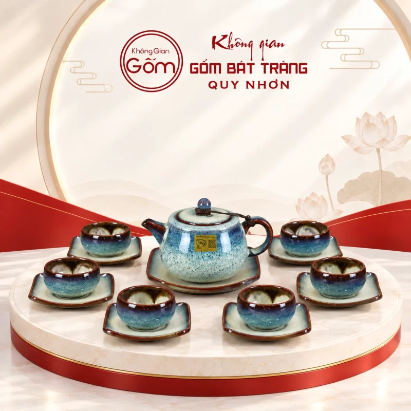 Bộ ấm chén xanh dáng trụ