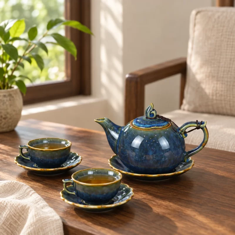 Bộ ấm chén xanh lam trong góc trà bên cửa sổ