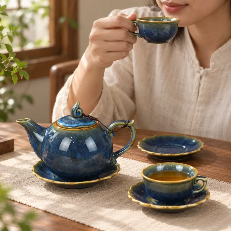 Phối cảnh người cầm chén trà của bộ xanh lam