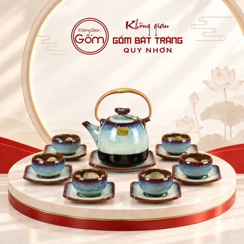 Bộ ấm chén xanh quai trên
