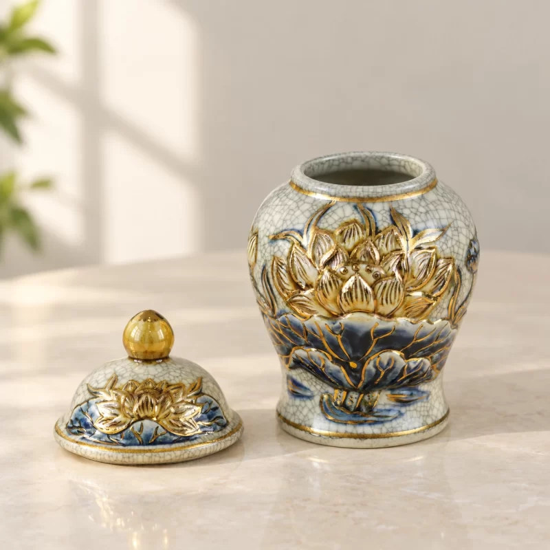 Phối cảnh minh họa chóe sen mở miệng và nắp rời trên bàn xem mẫu.