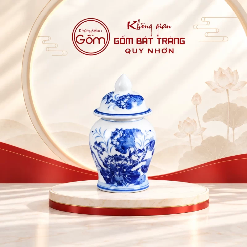 Chóe thờ trắng họa tiết sen xanh