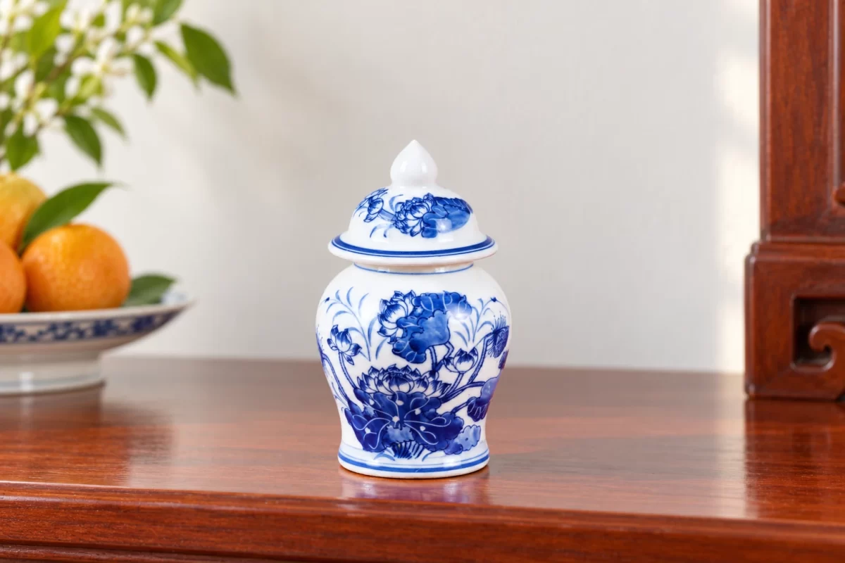Phối cảnh minh họa chóe sen xanh có nắp trong góc thờ gia đình; bối cảnh và đạo cụ minh họa.