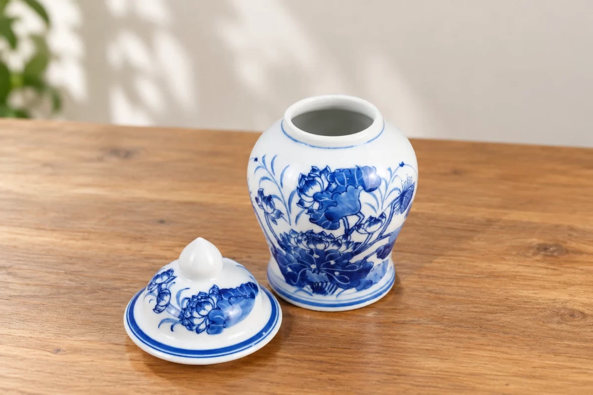 Phối cảnh minh họa miệng chóe sen xanh và nắp trên bàn trong nhà; bối cảnh minh họa.