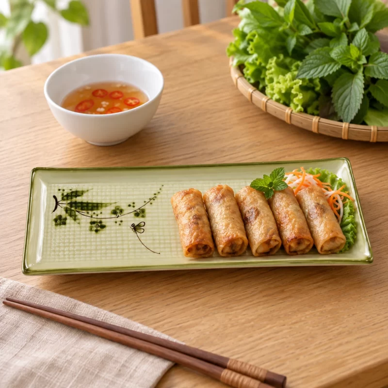 Phối cảnh minh họa đĩa chữ nhật chuồn trúc trên bàn ăn; món ăn và đạo cụ không bán kèm.