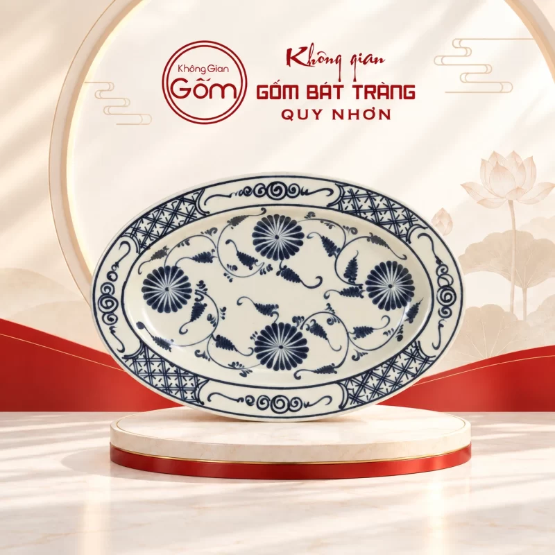 Đĩa oval hoa dây xanh đậm