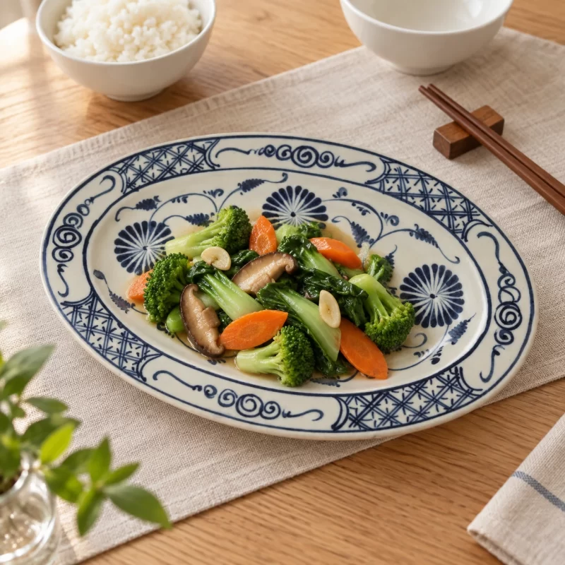 Phối cảnh minh họa đĩa oval hoa dây xanh đậm trên bàn ăn; món ăn và đạo cụ không bán kèm.