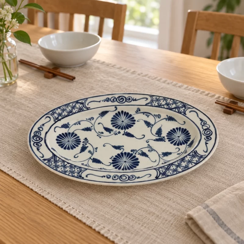 Phối cảnh minh họa cách phối đĩa oval hoa dây xanh đậm trong không gian bàn ăn.