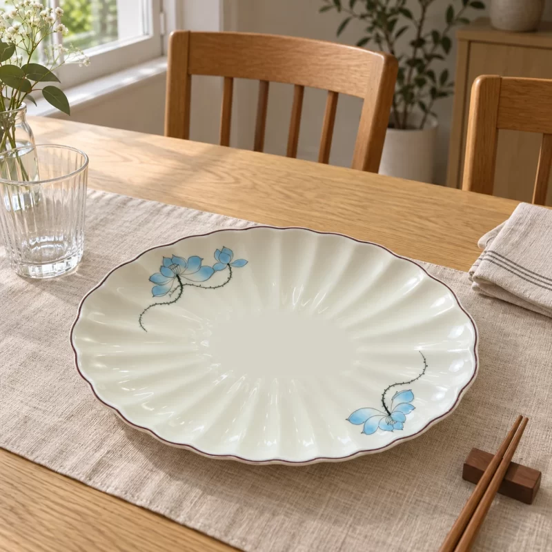 Phối cảnh minh họa cách phối đĩa oval sen xanh trong không gian bàn ăn.