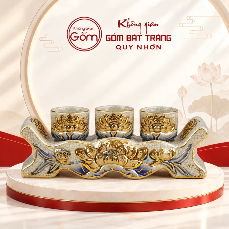 Kỷ 3 chén thờ men rạn vẽ vàng họa tiết sen