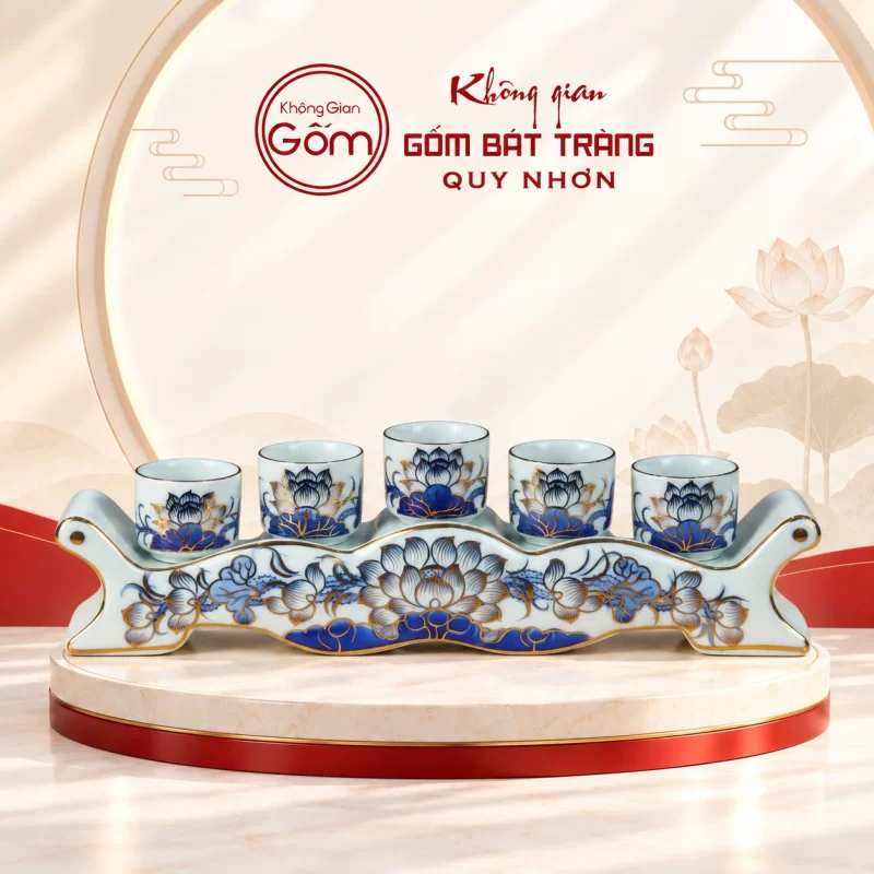 Kỷ 5 chén thờ men lam vẽ vàng họa tiết sen