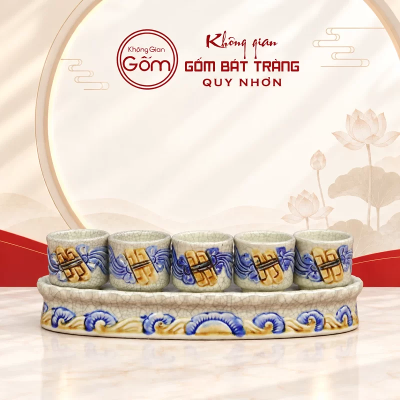 Kỷ 5 chén thờ men rạn họa tiết sóng xanh