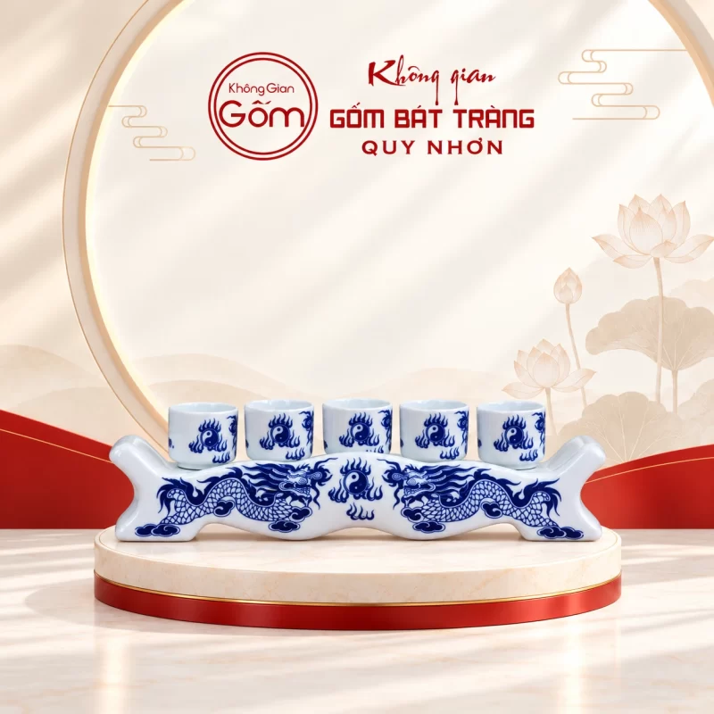 Kỷ 5 chén thờ trắng họa tiết rồng xanh