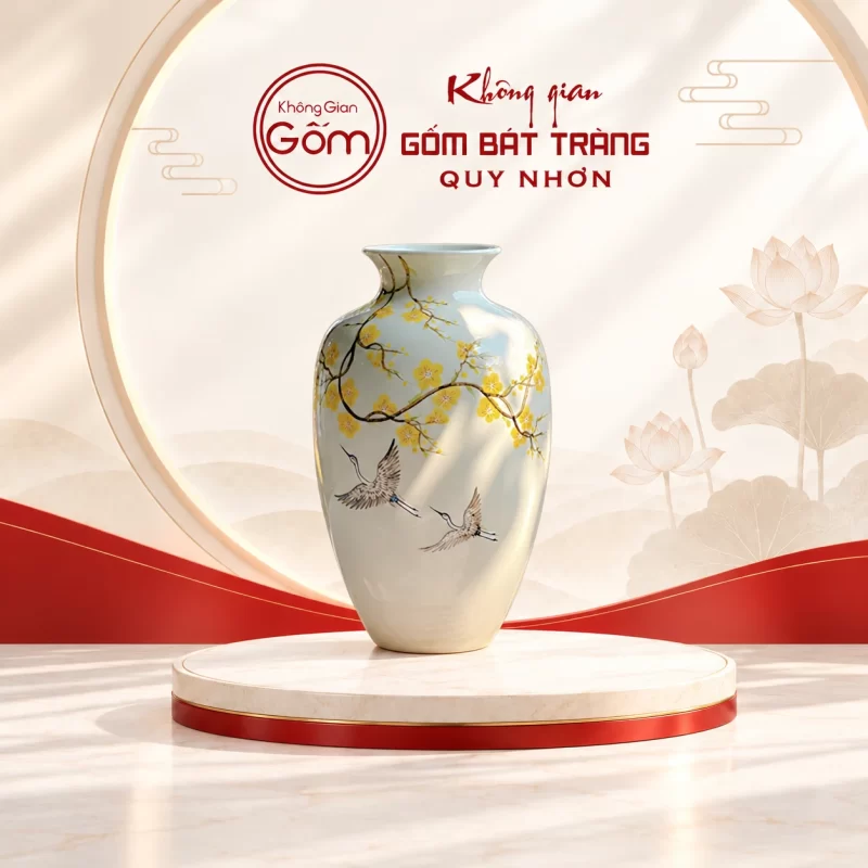 Lọ hoa hoa vàng đôi chim in logo