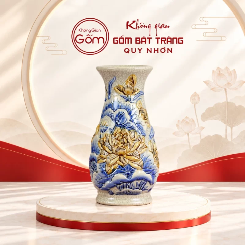Lọ hoa thờ men rạn họa tiết sen
