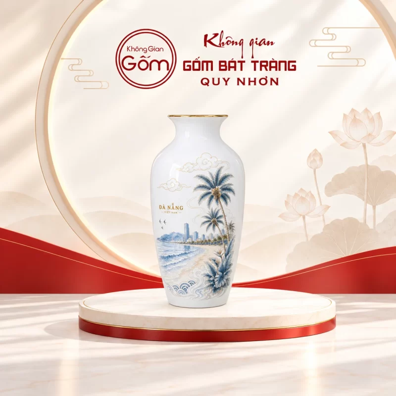 Lọ hoa trắng cảnh biển Đà Nẵng in logo