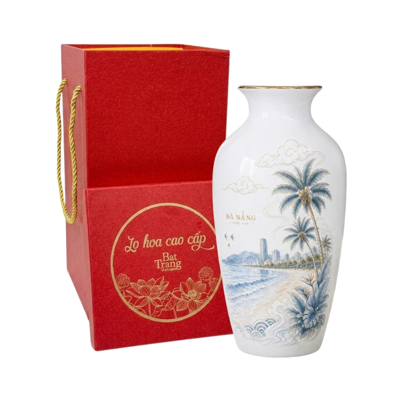 Ảnh mẫu cổ ngắn, vai tròn, miệng loe nhẹ, cảnh biển đà nẵng tông xanh, viền màu vàng