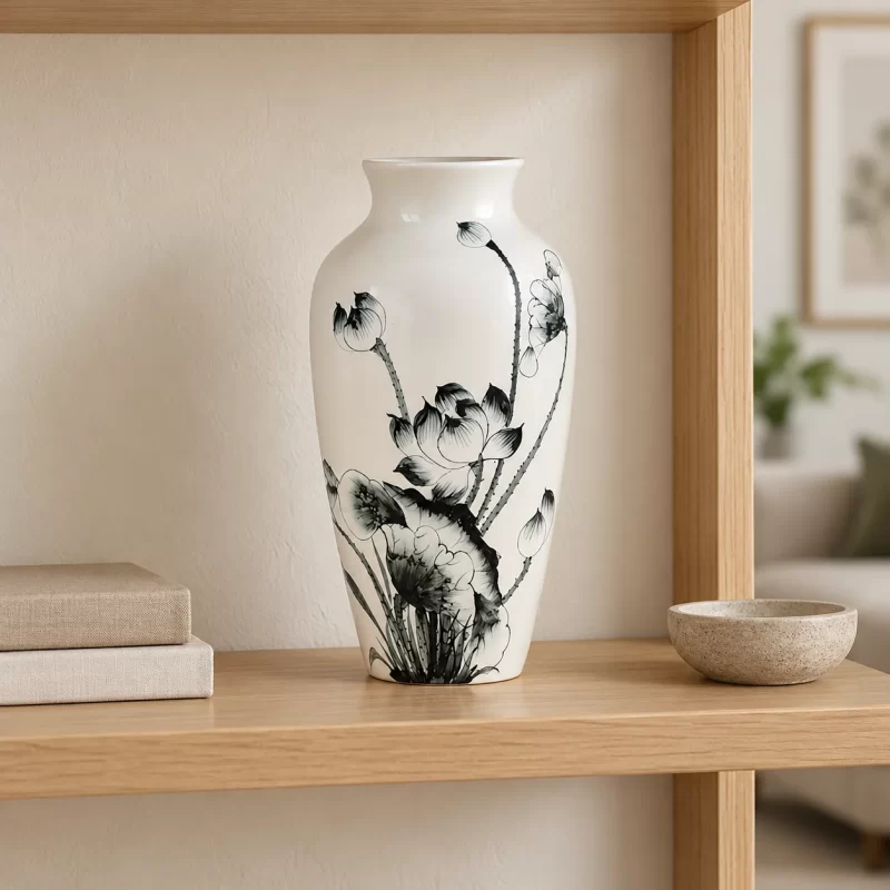 Lọ hoa trắng cổ ngắn họa tiết sen in logo bày trống trên kệ minh họa